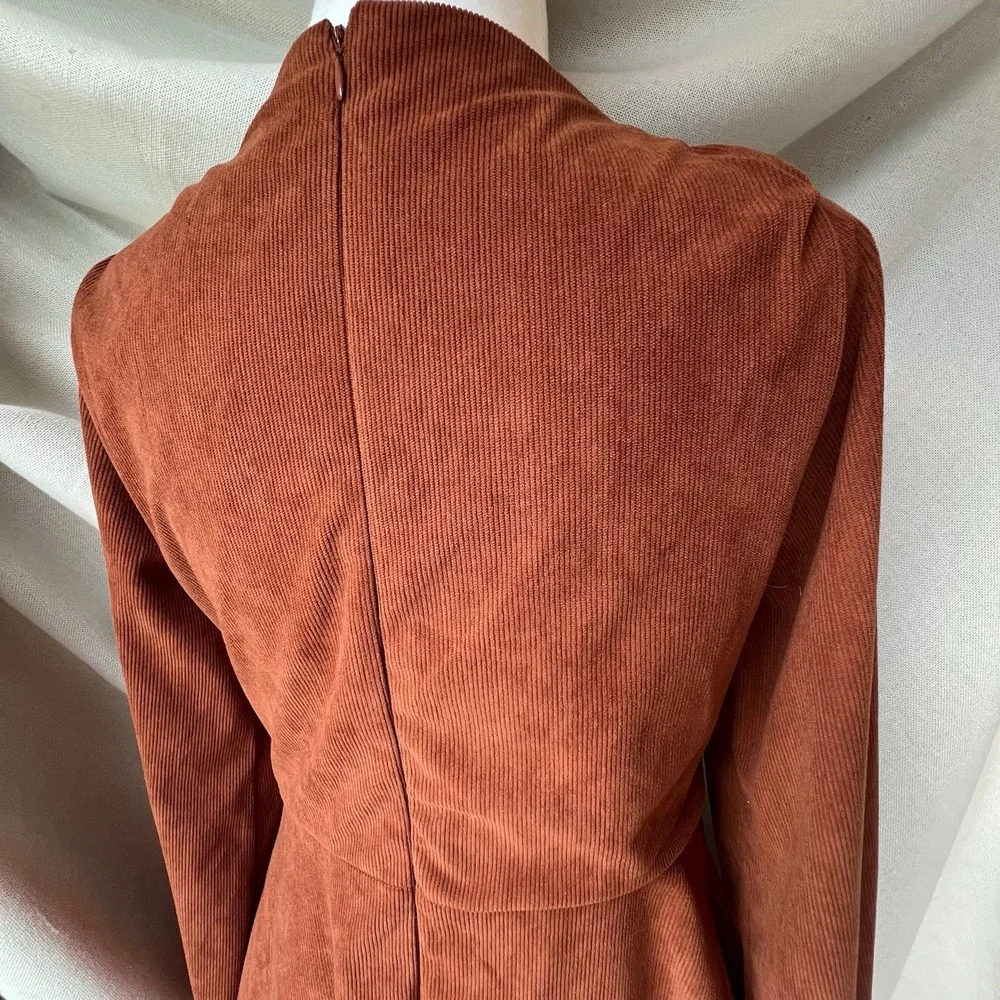 Franchescas Corduroy Babydoll Mini Dress Womens M Rust Brown Orange Square Neck - Picture 3 of 11